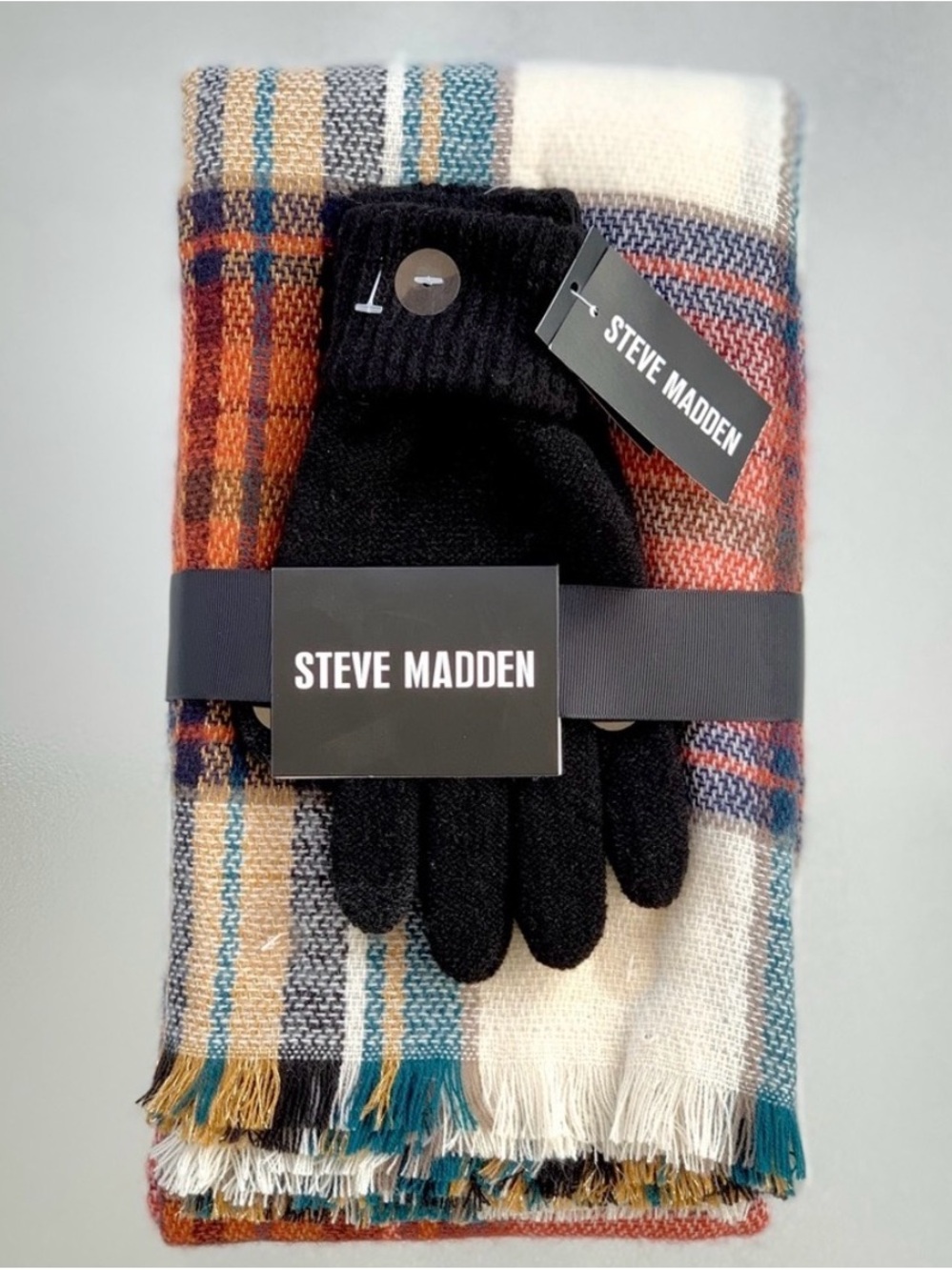 Steve Madden Black Knit Touchscreen Gloves and Red Plaid Blanket Scarf Gift Set